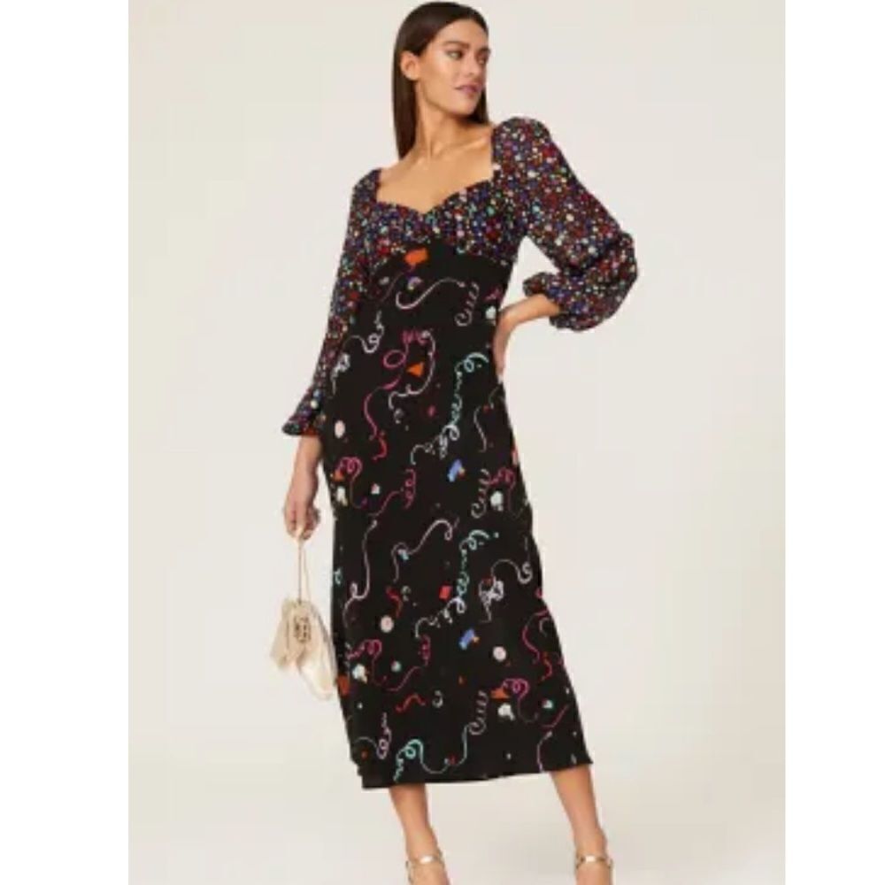 RIXO Confetti Print Gio Midi Silk Dress Large